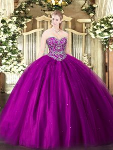 Customized Ball Gowns Ball Gown Prom Dress Fuchsia Sweetheart Tulle Sleeveless Floor Length Lace Up