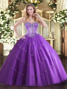 Edgy Purple Tulle Lace Up Sweetheart Sleeveless Floor Length Quinceanera Gown Beading and Appliques