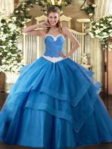 Top Selling Baby Blue Lace Up Sweetheart Appliques and Ruffled Layers Quinceanera Dresses Tulle Sleeveless