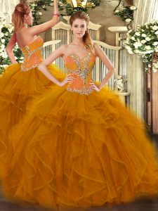 Enchanting Sleeveless Floor Length Beading and Ruffles Lace Up Sweet 16 Quinceanera Dress with Brown