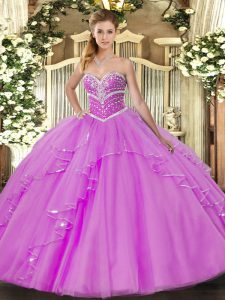 Lilac Sweetheart Lace Up Beading and Ruffles Ball Gown Prom Dress Sleeveless
