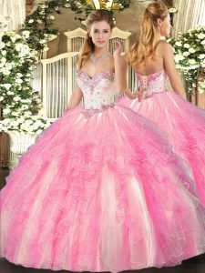 Smart Rose Pink Lace Up Quinceanera Dresses Beading and Ruffles Sleeveless Floor Length