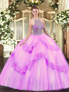 Best Ball Gowns Quinceanera Gowns Lilac Halter Top Tulle Sleeveless Floor Length Lace Up