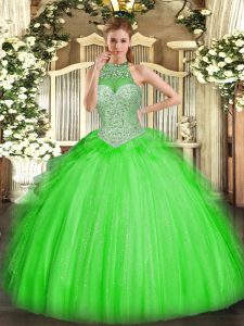 Sleeveless Floor Length Beading and Ruffles Lace Up Quince Ball Gowns with