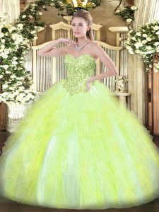 Sweetheart Sleeveless Quinceanera Gowns Floor Length Appliques and Ruffles Yellow Green Tulle