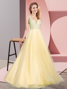 Sleeveless Tulle Floor Length Zipper Dress for Prom in Gold with Lace
