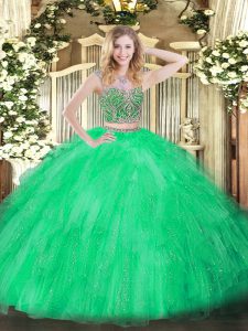 Dazzling Green Two Pieces Tulle Scoop Sleeveless Beading and Ruffles Floor Length Lace Up Quinceanera Gowns