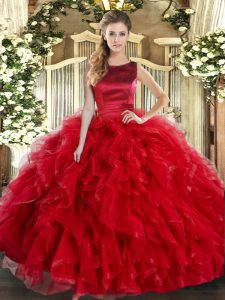 Pretty Red Ball Gowns Scoop Sleeveless Tulle Floor Length Lace Up Ruffles Quinceanera Gowns