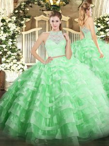 Traditional Lace and Ruffled Layers Quinceanera Gowns Apple Green Zipper Sleeveless Floor Length