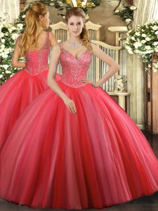 Coral Red Ball Gowns Tulle V-neck Sleeveless Beading Floor Length Lace Up 15 Quinceanera Dress