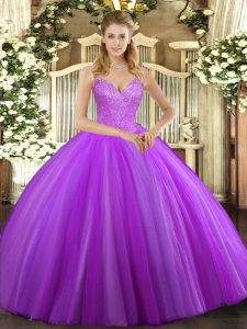 V-neck Sleeveless Tulle Ball Gown Prom Dress Beading Lace Up