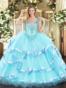 Aqua Blue Ball Gowns Organza V-neck Sleeveless Ruffled Layers Floor Length Lace Up 15th Birthday Dress