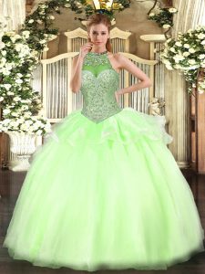Designer Halter Top Sleeveless Lace Up Quinceanera Dresses Yellow Green Tulle