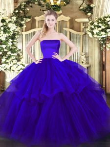 Extravagant Blue Strapless Zipper Ruffled Layers Quince Ball Gowns Brush Train Sleeveless
