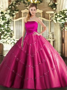 Tulle Strapless Sleeveless Lace Up Appliques Sweet 16 Dress in Hot Pink