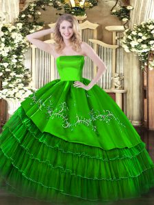 Green Organza and Taffeta Zipper Sweet 16 Dresses Sleeveless Floor Length Embroidery and Ruffled Layers