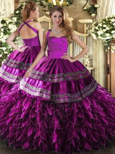 Best Selling Floor Length Lace Up Quinceanera Dresses Fuchsia for Military Ball and Sweet 16 and Quinceanera with Embroi
