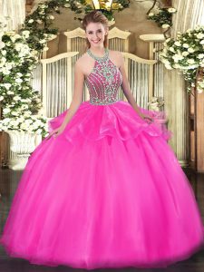 Shining Hot Pink Lace Up Halter Top Beading and Ruffles Quinceanera Dresses Tulle Sleeveless