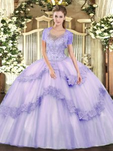 Scoop Sleeveless Tulle Quinceanera Dresses Beading and Appliques Clasp Handle