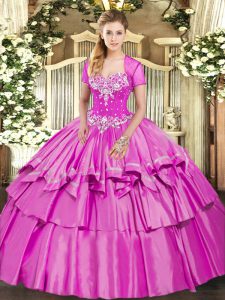 Floor Length Lace Up Quinceanera Gown Lilac for Military Ball and Sweet 16 and Quinceanera with Beading and Ruffled Laye