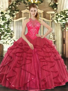 Dynamic Coral Red High-neck Lace Up Beading and Ruffles Sweet 16 Dresses Sleeveless