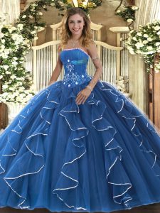 Spectacular Sleeveless Tulle Floor Length Lace Up Quinceanera Gowns in Blue with Beading and Ruffles