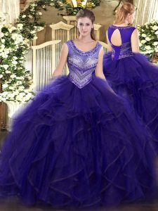 Fashionable Ball Gowns Quince Ball Gowns Purple Scoop Organza and Tulle Sleeveless Floor Length Lace Up