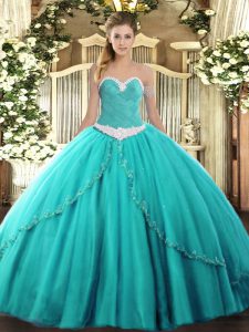 Sweetheart Sleeveless Brush Train Lace Up Quinceanera Gowns Turquoise Tulle