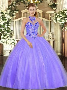 Lavender Tulle Lace Up 15th Birthday Dress Sleeveless Floor Length Embroidery