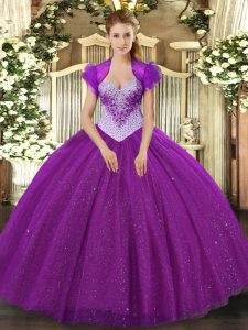 Tulle Sweetheart Sleeveless Lace Up Beading and Sequins Quinceanera Dresses in Eggplant Purple