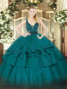 High Class Teal Sleeveless Organza Zipper Quinceanera Dresses for Military Ball and Sweet 16 and Quinceanera