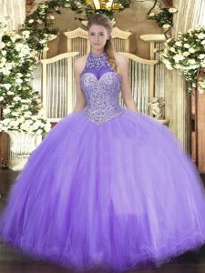Halter Top Sleeveless Quinceanera Dress Floor Length Beading Lavender Tulle