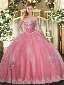 Watermelon Red Sweet 16 Dresses Military Ball and Sweet 16 and Quinceanera with Beading and Appliques Sweetheart Sleevel