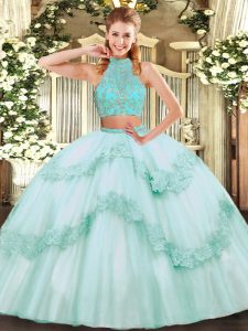 Dramatic Apple Green Criss Cross Sweet 16 Quinceanera Dress Beading and Appliques and Ruffles Sleeveless Floor Length