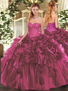 Floor Length Burgundy Quinceanera Gowns Organza Sleeveless Beading and Ruffles