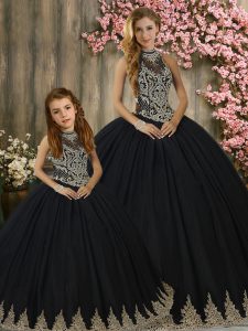 Beading and Appliques 15 Quinceanera Dress Black Lace Up Sleeveless Brush Train