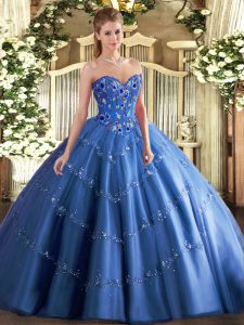 Blue Sweetheart Neckline Appliques and Embroidery Quince Ball Gowns Sleeveless Lace Up