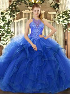 Best Blue Organza Lace Up Quinceanera Dresses Sleeveless Floor Length Beading and Ruffles