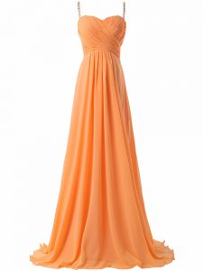 Captivating Orange Prom Party Dress Chiffon Sweep Train Sleeveless Ruching