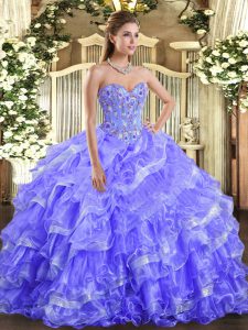 Sleeveless Organza Floor Length Lace Up Ball Gown Prom Dress in Lavender with Embroidery and Ruffled Layers