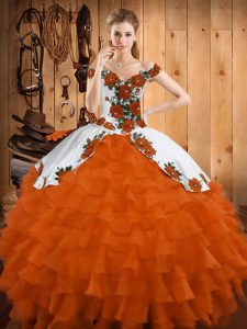 Great Sleeveless Floor Length Embroidery and Ruffled Layers Lace Up Quinceanera Gown with Orange Red