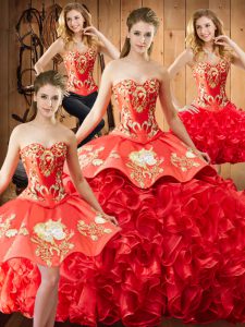 Red Ball Gowns Satin and Organza Sweetheart Sleeveless Embroidery and Ruffles Lace Up Ball Gown Prom Dress Brush Train