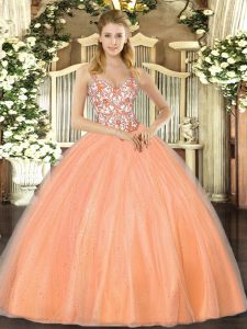 Captivating Straps Sleeveless Ball Gown Prom Dress Floor Length Beading and Appliques Orange Organza