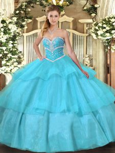 Great Aqua Blue Sleeveless Tulle Lace Up 15th Birthday Dress for Military Ball and Sweet 16 and Quinceanera