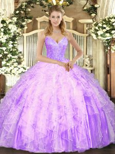 Glittering Lilac Lace Up Sweet 16 Quinceanera Dress Beading and Ruffles Sleeveless Floor Length