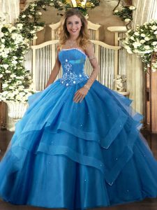 Clearance Tulle Strapless Sleeveless Lace Up Beading and Ruffled Layers Quinceanera Dress in Baby Blue