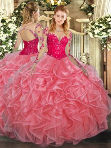 Dramatic Watermelon Red Scoop Neckline Lace and Ruffles Sweet 16 Dresses Long Sleeves Lace Up