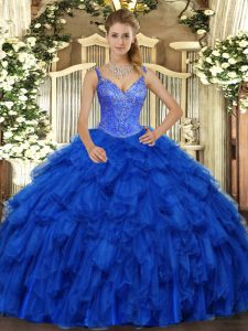 Royal Blue Organza Lace Up 15th Birthday Dress Sleeveless Floor Length Beading and Ruffles