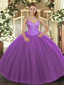 Dazzling Purple Ball Gowns Beading Vestidos de Quinceanera Lace Up Tulle Sleeveless Floor Length