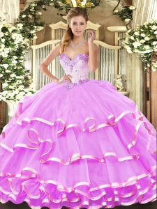 On Sale Floor Length Lilac 15 Quinceanera Dress Organza Sleeveless Beading and Ruffled Layers